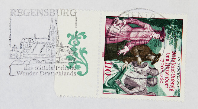 briefmarke stamp gestempelt used frankier cancel regensburg slogan werbung kirche stadt Nikolaus Ludwig von Zinzendorf theologe people leute männer
