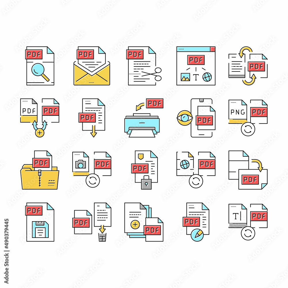 Poster pdf electronic file collection icons set vector .