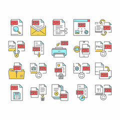 Pdf Electronic File Collection Icons Set Vector .