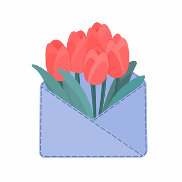 Beautiful tulips inside the festive envelope. Spring floral bouquet. Concept of happy letter in flat style.