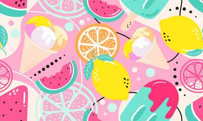 Seamless pattern summer festival, Ice-cream and fruits 