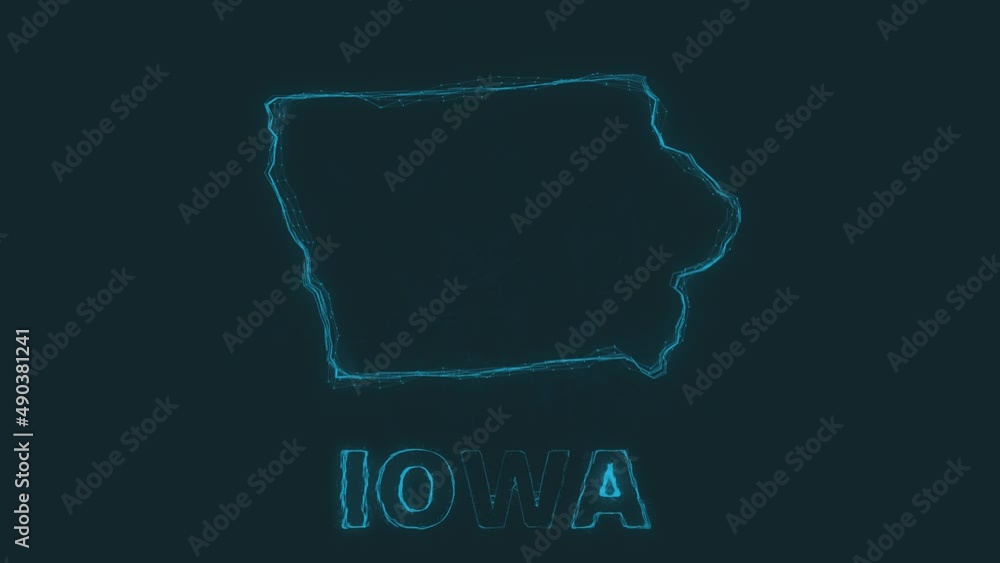 Poster Plexus flat map showing the state of Iowa from the United State of America on black background. USA. Plexus map of Iowa