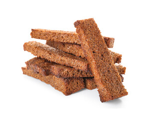 Tasty rye croutons on white background