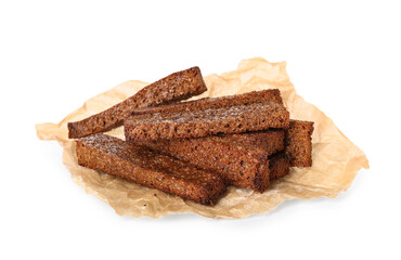 Tasty rye croutons on white background