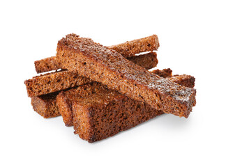 Tasty rye croutons on white background