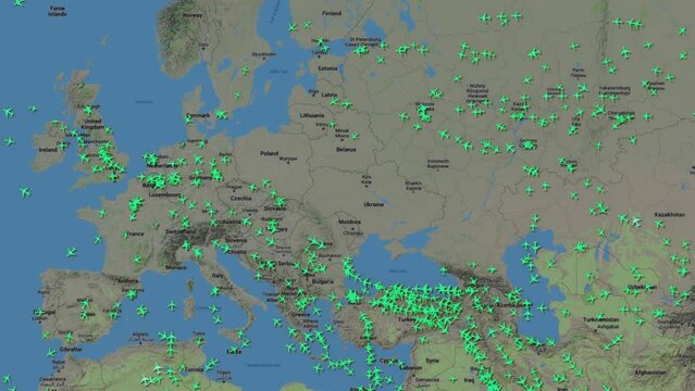 Map animation with no air traffic over Ukraine as the war with Russia continues and air restrictions apply to Russia and Belarus. No fly zone.