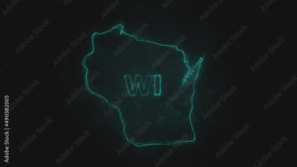 Poster Plexus flat map showing the state of Wisconsin from the United State of America on black background. USA. Plexus map of Wisconsin