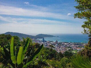 Buddah temple with beautiful views from top of mountain of Patong Phuket Thailand. 