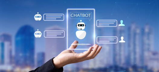 artificial intelligence, AI chat bot concept.Hand holding virtual chat bot assistant on blurred...