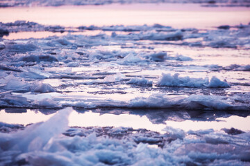 Ice drift on calm water in river during the sunset in spring