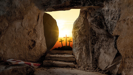 Easter background - Crucifixion - Resurrection of Jesus Christ in Golgota / Golgotha jerusalem israel, empty tomb with bloody linen shroud, sunrise and three crucefix crosses