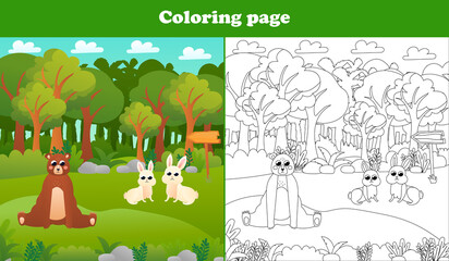Printable coloring page for kids with woodland scene with bear and cute rabbits, worksheet for school children books