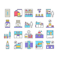 Medical Drugs Production Factory Icons Set Vector .