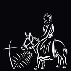 Fototapeta na wymiar Entry of Jesus into Jerusalem, the Lord riding a donkey, a cross and a palm branch, white outline on a black background