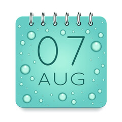 07 day of month. August. Calendar daily icon. Date day week Sunday, Monday, Tuesday, Wednesday, Thursday, Friday, Saturday. Dark Blue text. Cut paper. Water drop dew raindrops. Vector illustration.