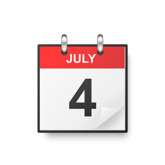 Vector 3d Realistic Independence Day Classic Simple Minimalistic Calendar, Folded Paper Corner. July 4th. Design Template of Independence Day, 4th of July, Card, Banner, Wall Calendar, Background