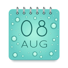 08 day of month. August. Calendar daily icon. Date day week Sunday, Monday, Tuesday, Wednesday, Thursday, Friday, Saturday. Dark Blue text. Cut paper. Water drop dew raindrops. Vector illustration.