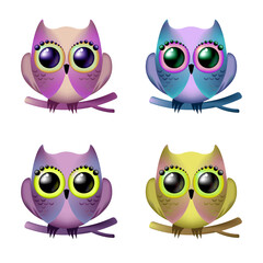 A set of four owls on a white background. Bright colorful birds. Birds set in a flat style. Colorful funny cartoon.