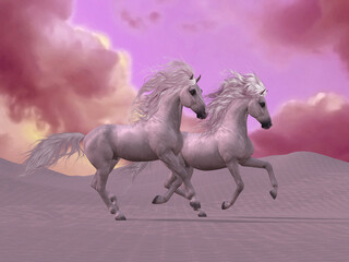 Desert Horse Fantasy - Colorful clouds surround two white stallions running among dunes in the desert.