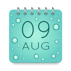 09 day of month. August. Calendar daily icon. Date day week Sunday, Monday, Tuesday, Wednesday, Thursday, Friday, Saturday. Dark Blue text. Cut paper. Water drop dew raindrops. Vector illustration.