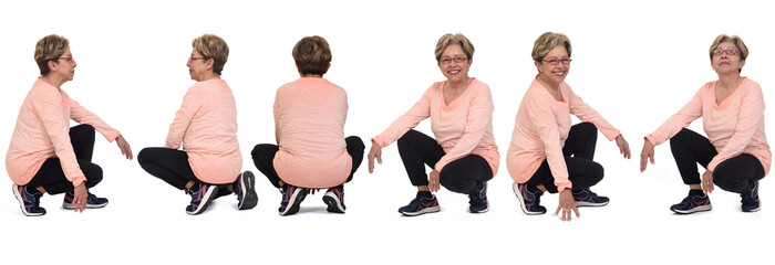 various poses of same senior woman squatting on white background
