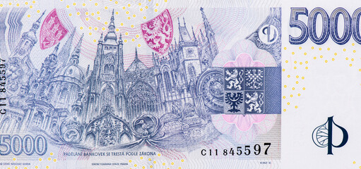 Buildings in Prague, Czech coat of arms, Portrait from Czech Republic 5000 Korun 2009 Banknotes.