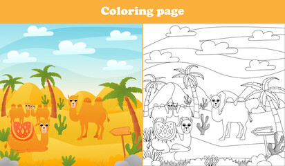 Printable coloring page for kids with desert scene with cute animals camel and palm trees, worksheet for school