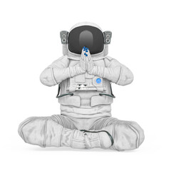 astronaut explorer is doing a prayer in meditation yoga pose on white background front view © DM7