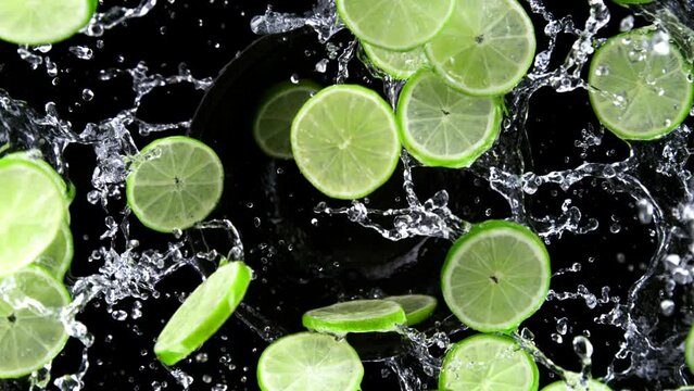 Super slow motion shot of rotating exploded lime slices with splashing water on black at 1000fps.