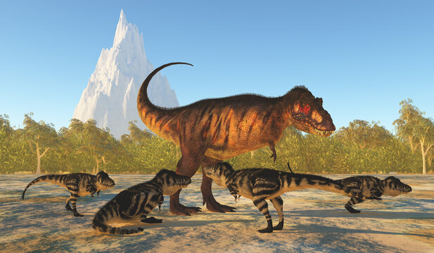 Tyrannosaurus Mother - The young of Tyrannosaurus rex surround their mother during the Cretaceous Period of North America.