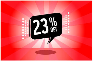 23% off. red banner with twenty three percent discount on a black balloon for mega big sales.