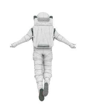 astronaut explorer is in ascension or being abducted on white background rear view