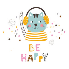 Card with cute cat on a white background. Kids print. Vector Illustration