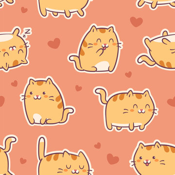 Seamless pattern with cute red cats or kittens in funny poses. Vector illustration with red kittens. Background for print fabric, textile design, wrapping paper or wallpaper