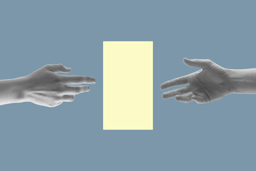 Two hands reach out to each other. Digital collage modern art. With copy space.