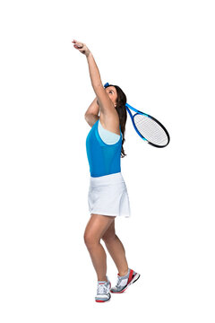 Female tennis player wearing athletic gear playing tennis on white background 
