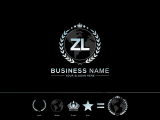 Alphabet ZL Letter Logo, Creative Zl lz Initial Vector Logo Icon Modern with circle Leaf Globe Royal Crown and Star - obrazy, fototapety, plakaty