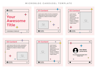 Microblog carousel slides template for social media. Six pages with sparkles aesthetic concept and fade pink background
