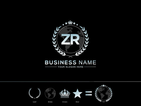 Alphabet ZR Letter Logo, Creative Zr rz Initial Vector Logo Icon Modern with circle Leaf Globe Royal Crown and Star