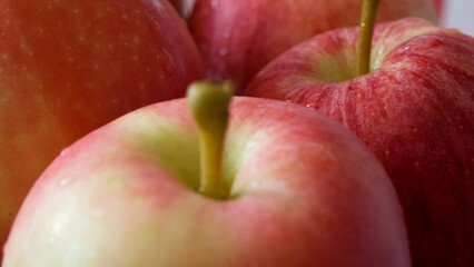 Several apples of the Ligol and gala varieties, a close-up shot.