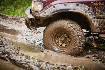 Traveling off-road on a dirty off-road truck. Close-up of a wheel in a puddle and mud.