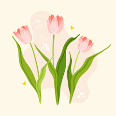 Beautiful tulip flowers. Spring mood. Design for poster, postcard, banner. Hand drawn vector illustration.