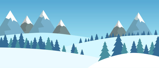 Beautiful simple widescreen vector landscape with forested mountains.