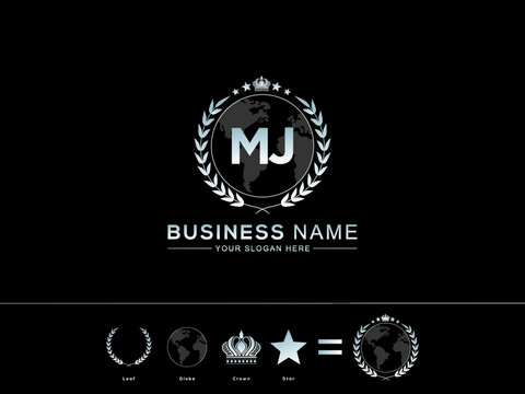 Initial MJ m j letter Logo, Global mj creative two letters logo and circle Leaf Globe Royal Crown and Star image design