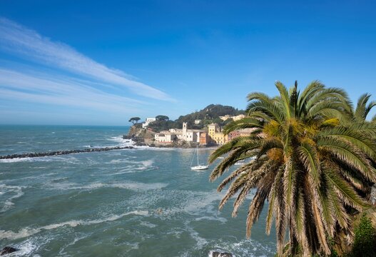Village of Sestri Levante and Baia del Silenzio on Mediterranean Sea in Liguria, Italy.