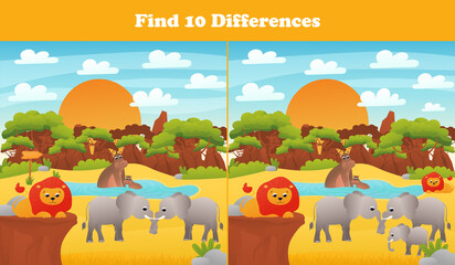 Find ten differences printable worksheet with african safari elephants and hippo, lions and desert landscape for kids