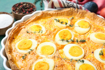 Tasty Easter tart with eggs, closeup