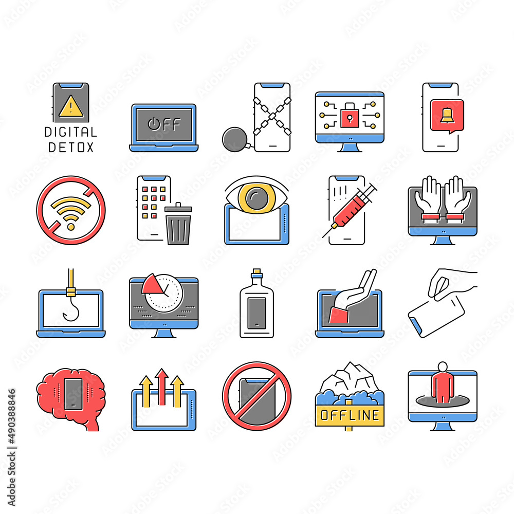 Poster digital device detox collection icons set vector .