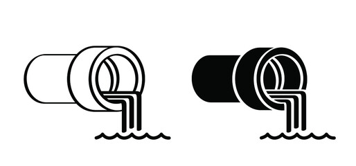 Grey wastewater, dirty water. Sewer pipe icon or pictogram. From the pipe flowing liquid into the river or sea. Vector disposal symbol or logo. Waste water pollution from industry. - obrazy, fototapety, plakaty