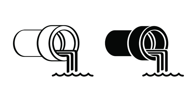 Grey wastewater, dirty water. Sewer pipe icon or pictogram. From the pipe flowing liquid into the river or sea. Vector disposal symbol or logo. Waste water pollution from industry.